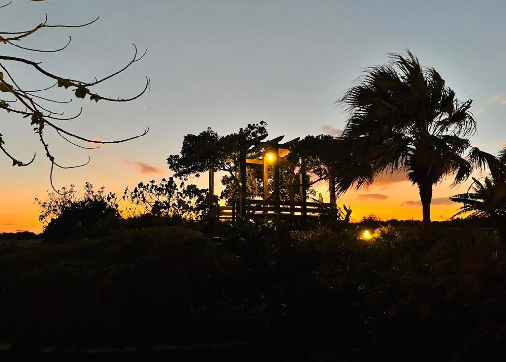 a sunset with a palm tree and a street light at Kenting Summerland Garden Resort in Eluan