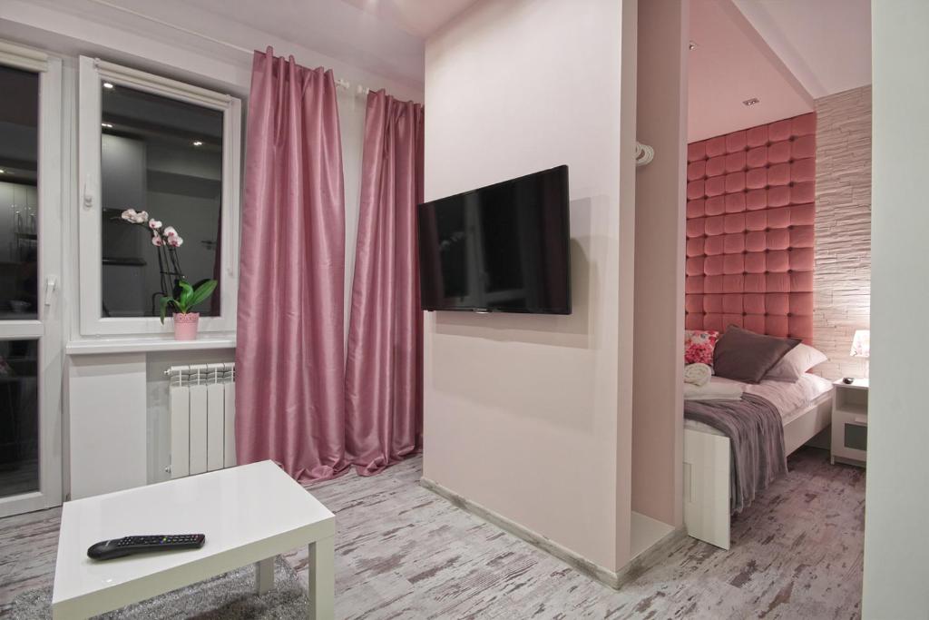 Televízia a/alebo spoločenská miestnosť v ubytovaní Apartamenty u Zajączków
