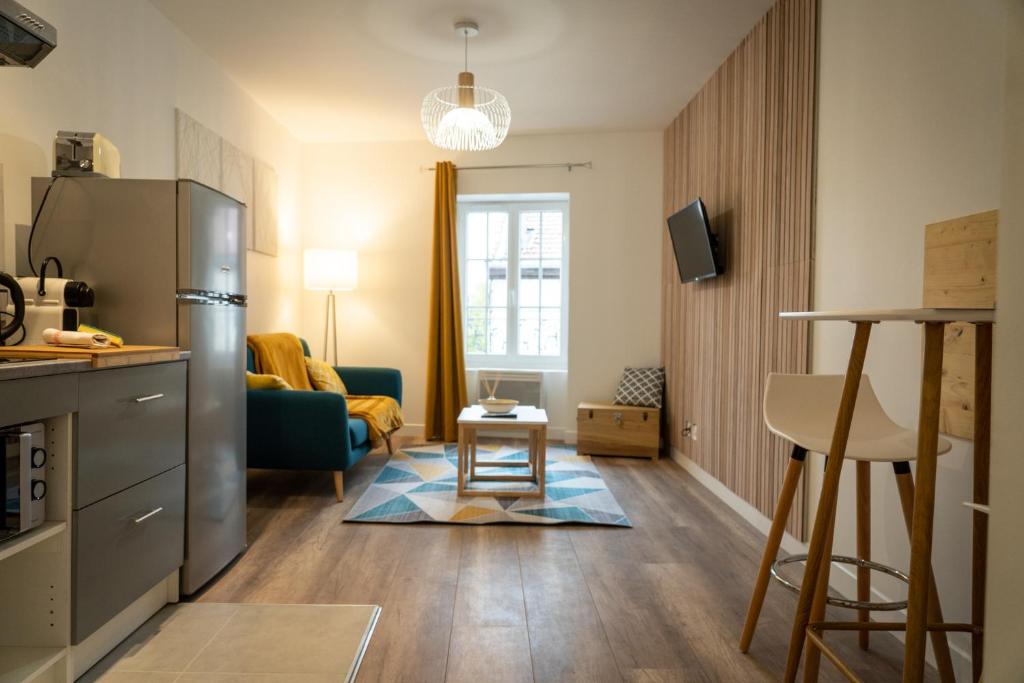 cocina y sala de estar con nevera. en Superbe T2 centre ville dernier étage avec balcon en Valence