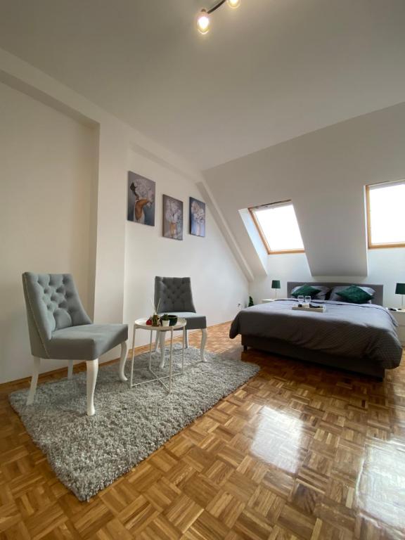 sypialnia z łóżkiem, krzesłem i dywanem w obiekcie Vlasic Apartmani CENTAR w mieście Vršac