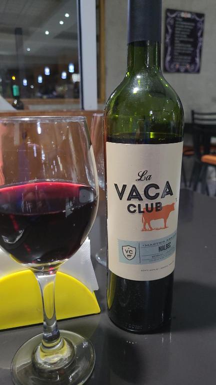 una botella de vino junto a una copa de vino tinto en Departamento uspallata en Uspallata