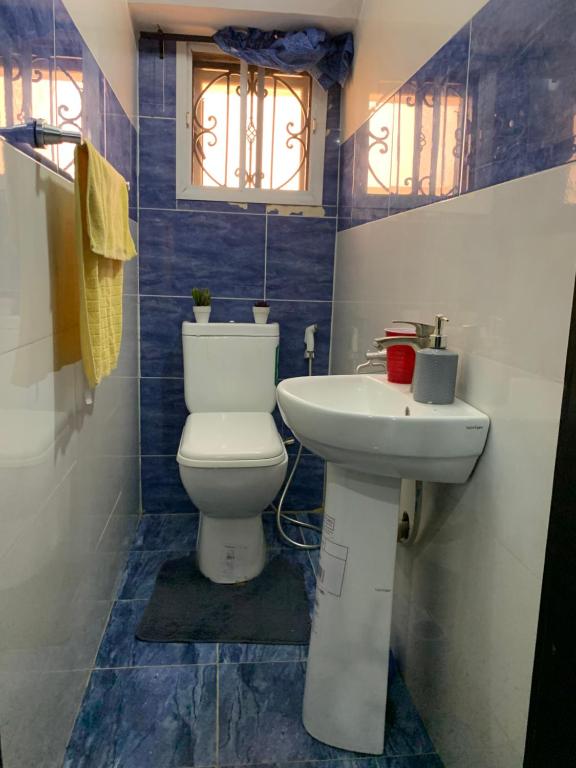 een badkamer met een toilet en een wastafel bij Cozy 3BDR Duplex - Wi-Fi, DSTV, Netflix, Kitchen, Freezer, Exercise Bike, Washing Machine in Agege