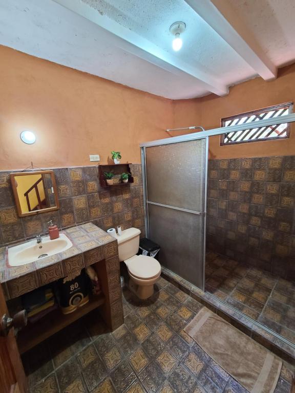 a bathroom with a toilet and a sink and a shower at Casa Terra in Sámara