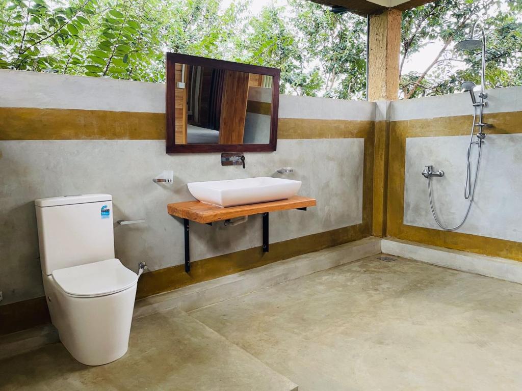 a bathroom with a sink and a toilet and a mirror at Rock Shade Chalet- Sigiriya in Sigiriya