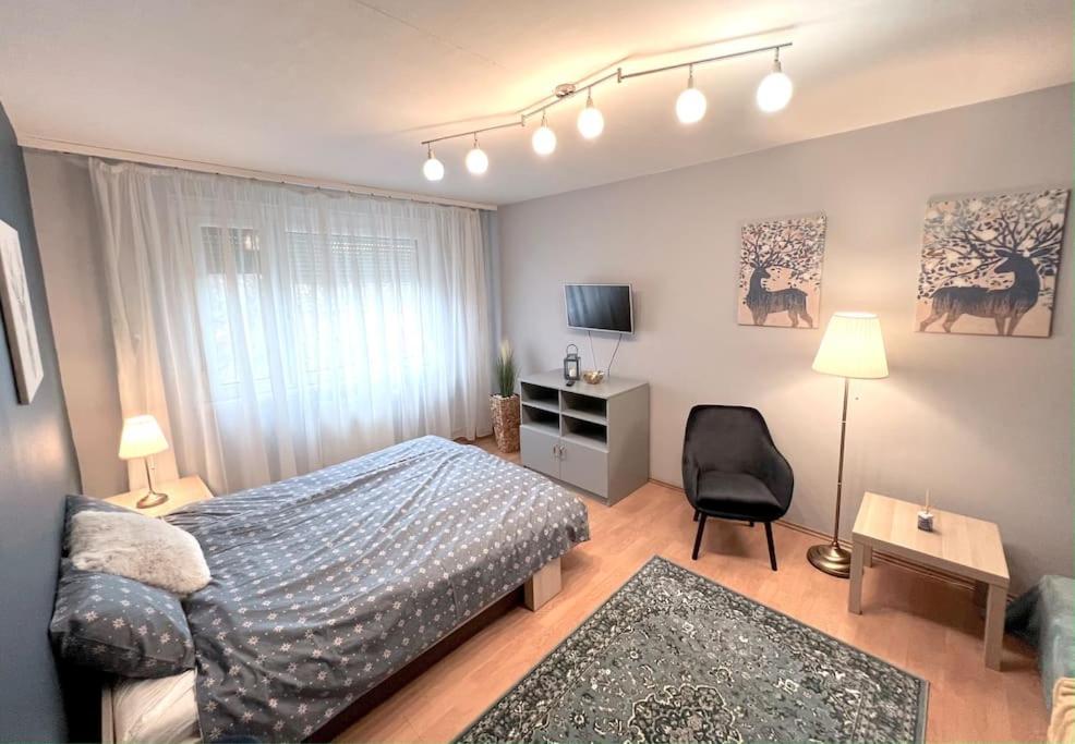 a bedroom with a bed and a desk and a chair at Pille Apartman in Szeged