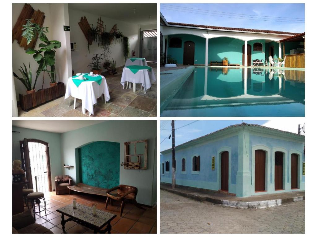 een collage van vier foto's van een huis met zwembad bij Pousada Iguape in Iguape