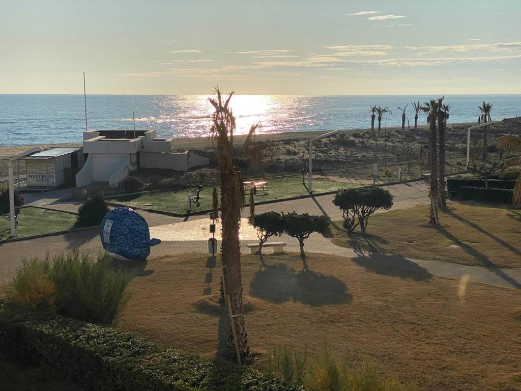une vue sur un parc avec des palmiers et l'océan dans l'établissement Studio en Bord de Mer, 4 Couchages, Parking Privé, Près des Commodités et Parc Aqualand - FR-1-81-577, au Barcarès
