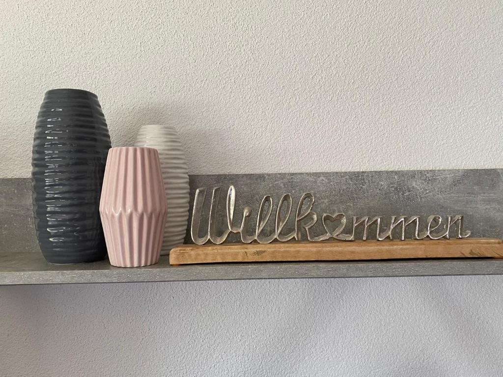 a shelf with two vases and a comb and a knife at Leonies Appartement in Sautens