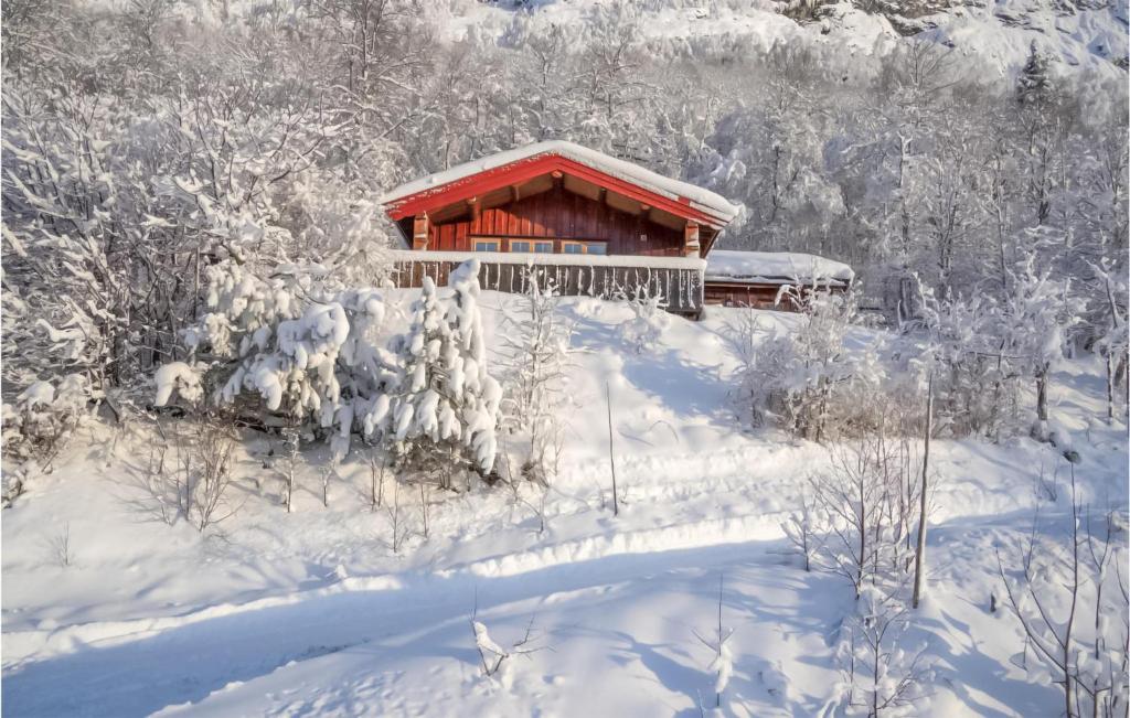 una cabaña en la nieve con árboles nevados en Awesome Home In Hemsedal With Wifi en Hemsedal
