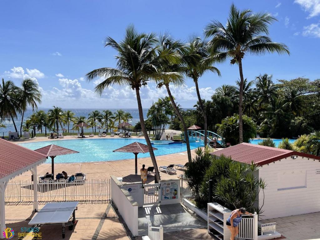 圣安尼Village Vacances Sainte Anne - Vue exceptionnelle Piscine et Plage Vue mer - Barbadine 1010 by Studios Barbadine的拥有游泳池、棕榈树和海洋的度假村