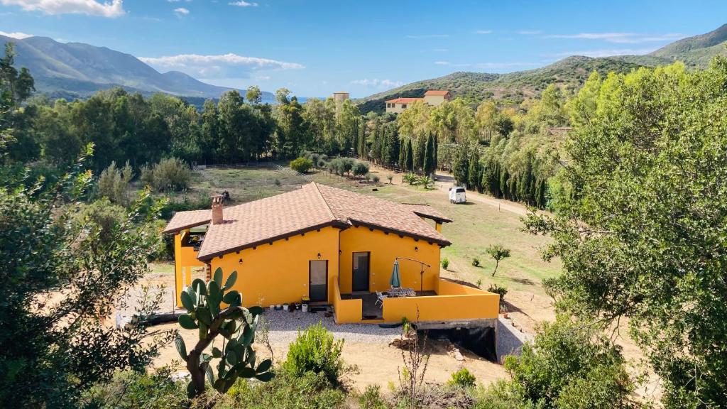 a small yellow house in the middle of a field at Coru & Bentu in Fluminimaggiore