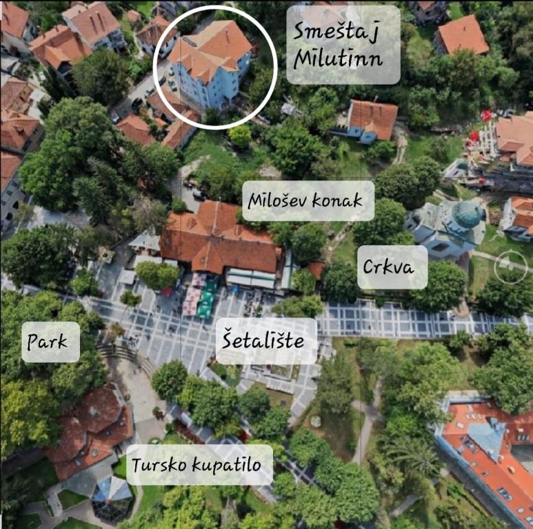 a map of a suburb with houses and trees at Milutinn-Trešnja in Soko Banja