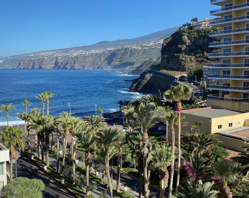 uitzicht op de oceaan en palmbomen en gebouwen bij 610 Suite con terraza Puerto de la Cruz Martianez in Puerto de la Cruz