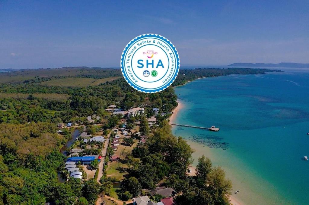 an aerial view of a beach with a shaarma sign at Twocans Resort KohMak - SHA in Ko Mak