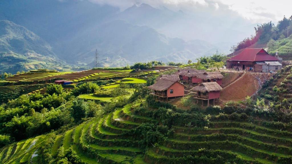 an aerial view of a village on a hill at Sapa Rosie House in Sa Pa