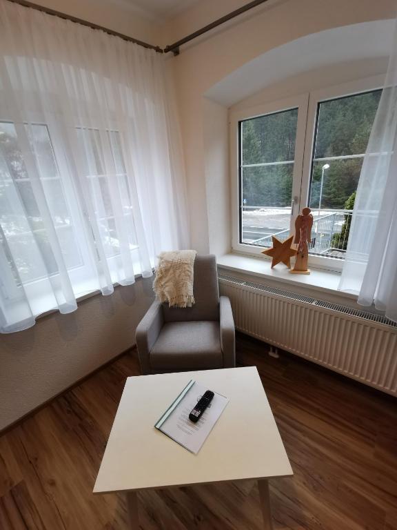 a living room with a chair and a coffee table at Apartments HAUS SCHÖN - Preise inclusive Pitztal Sommer Card in Jerzens