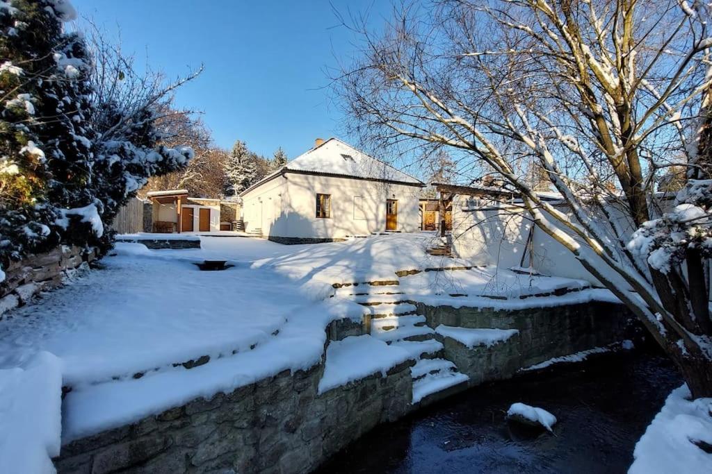 a house in the snow with a pond at degustační dům in Babice