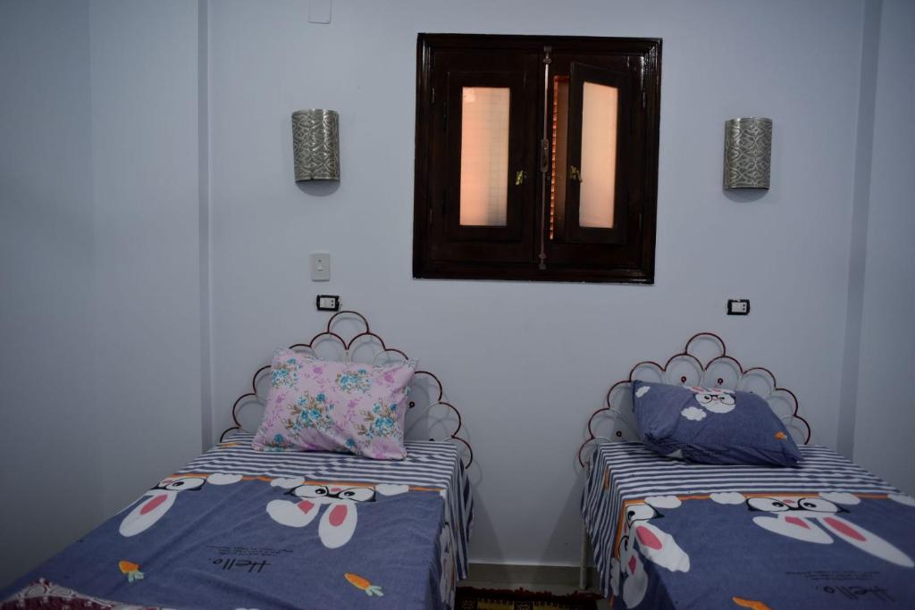 two beds with hello kitty pillows in a bedroom at Nubian Queen Guest House in Aswan
