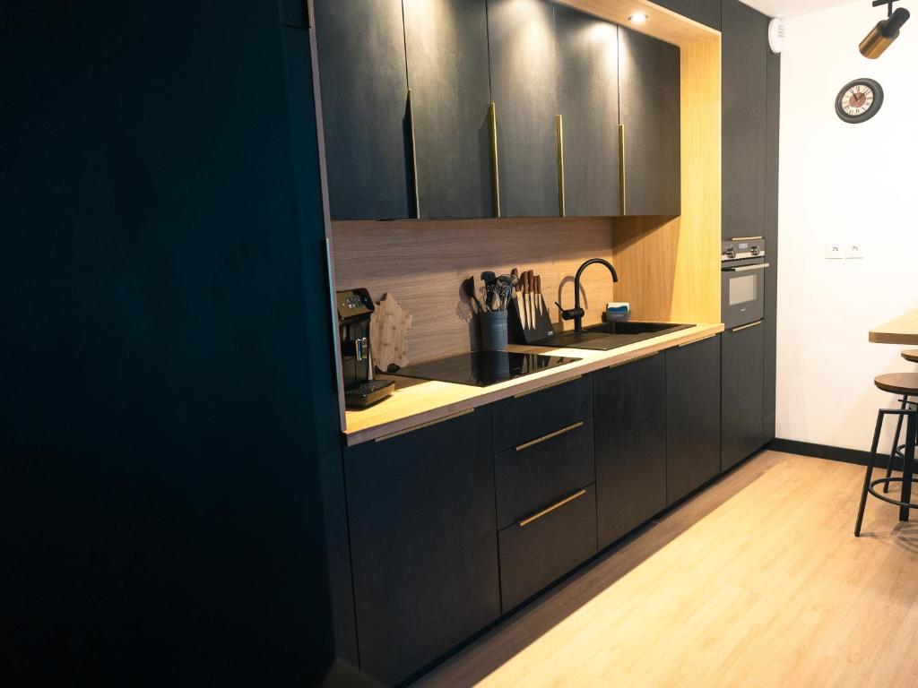 uma cozinha com armários pretos e um lavatório em Appartement Neuf- Morangis-Orly em Morangis