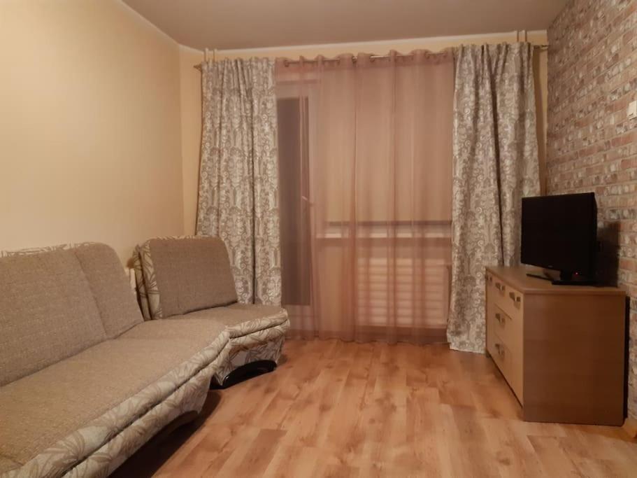 a living room with a couch and a television at Apartments near the center and airport in Tallinn