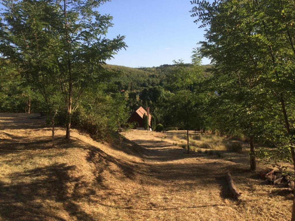a field with trees and a house in the distance at Nature Lodge Csesztve in Csesztve
