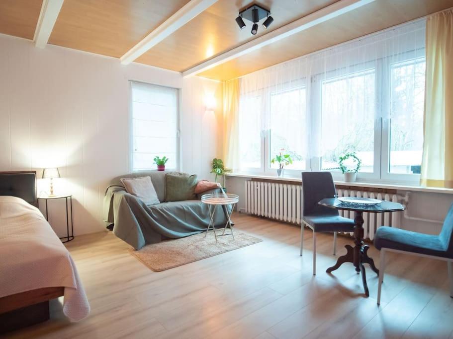 a living room with a bed and a couch at Apartment Buckow in Buckow