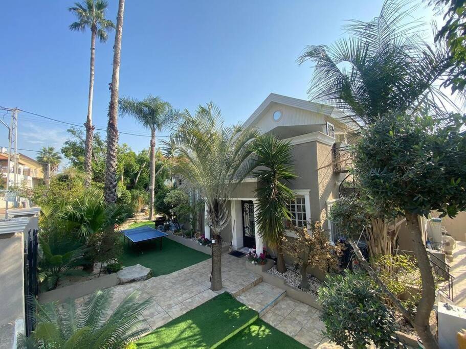 an aerial view of a house with palm trees at וילה מונטאנו עם בריכה מחוממת וג'קוזי במרכז העיר - Villa Montano with a heated pool and jacuzzi in the city center in Rishon LeẔiyyon