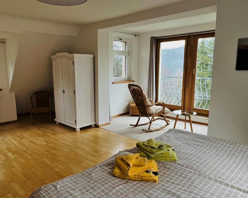 a bedroom with a bed and a chair and windows at Waldhufenhaus in Schöna in Reinhardtsdorf