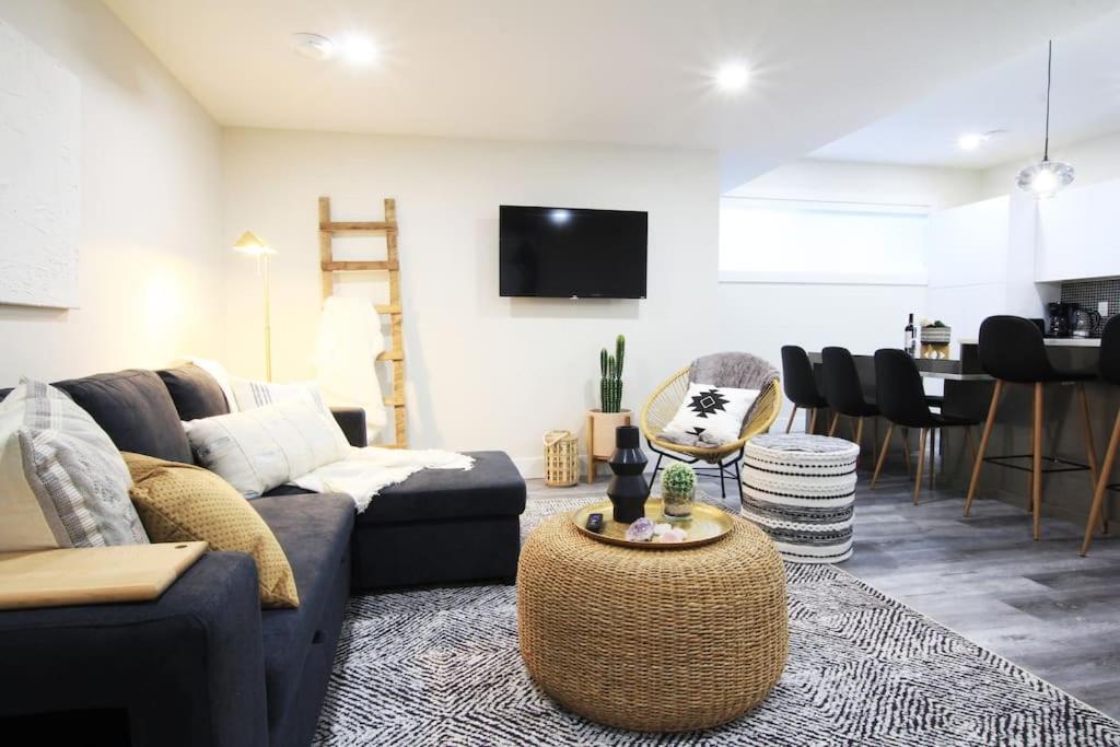 TV a/nebo společenská místnost v ubytování Executive Bsmt Suite, King Bed, 5 min to DT & Whyte Ave, Sleeps 6!