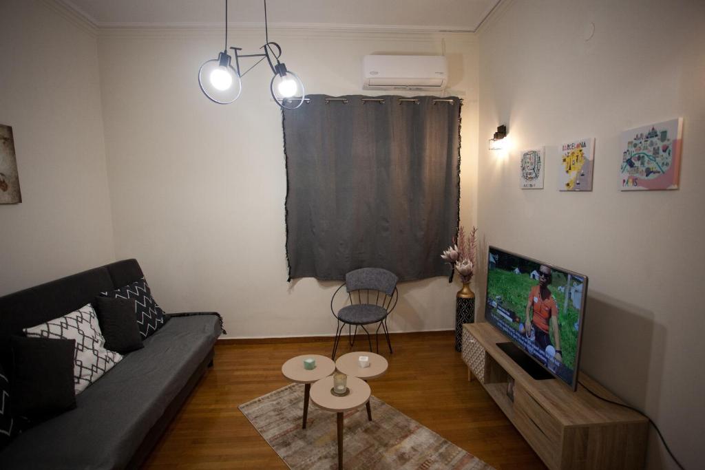 salon z kanapą i telewizorem w obiekcie Lovely Nest Piraeus w Pireusie