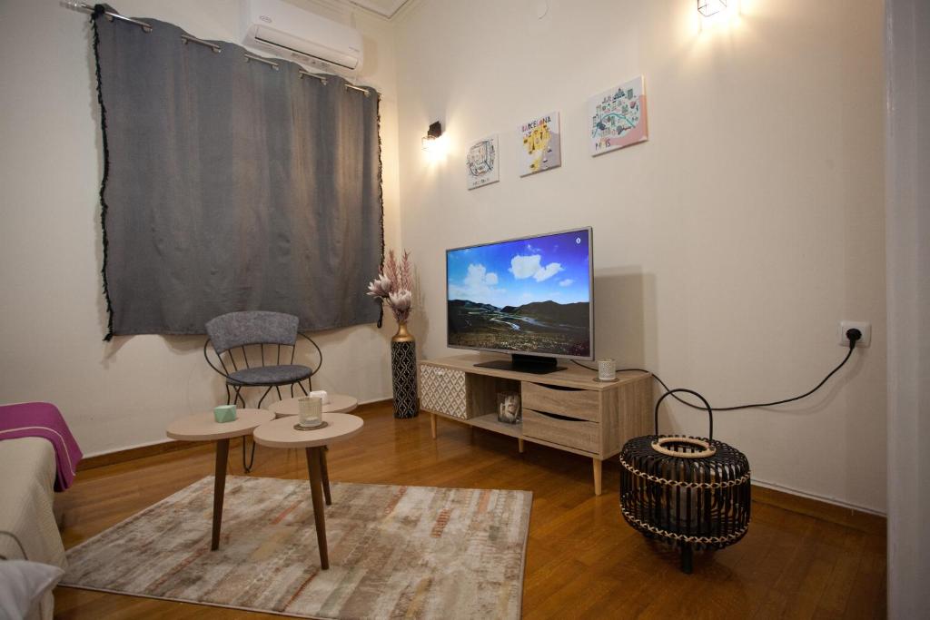 salon z telewizorem z płaskim ekranem na ścianie w obiekcie Lovely Nest Piraeus w Pireusie