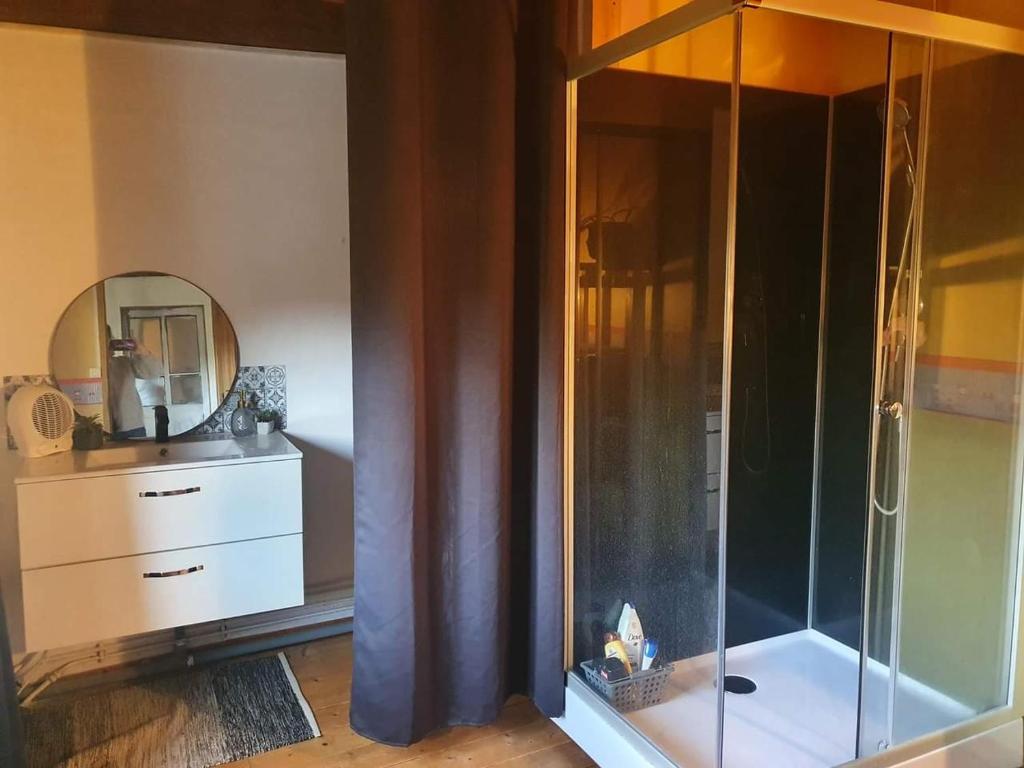 a bathroom with a shower and a dresser with a mirror at Chambre d'hôtes Le Relais de Belloy in Belloy sur Somme