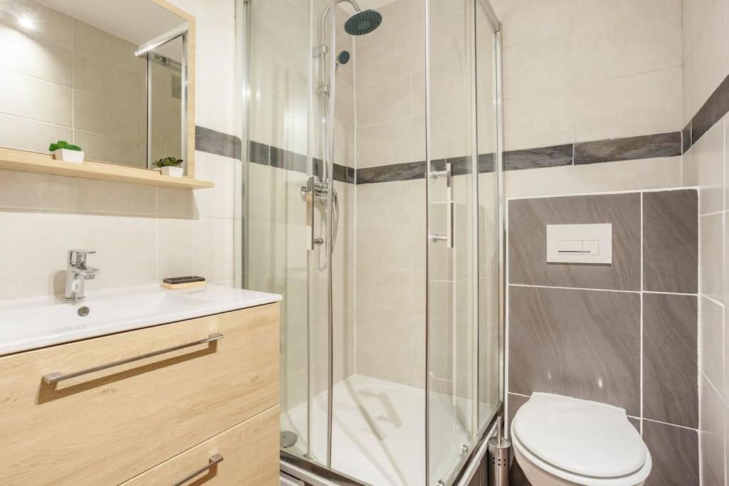 a bathroom with a shower and a toilet and a sink at Appart spacieux près de la Seine in Sartrouville