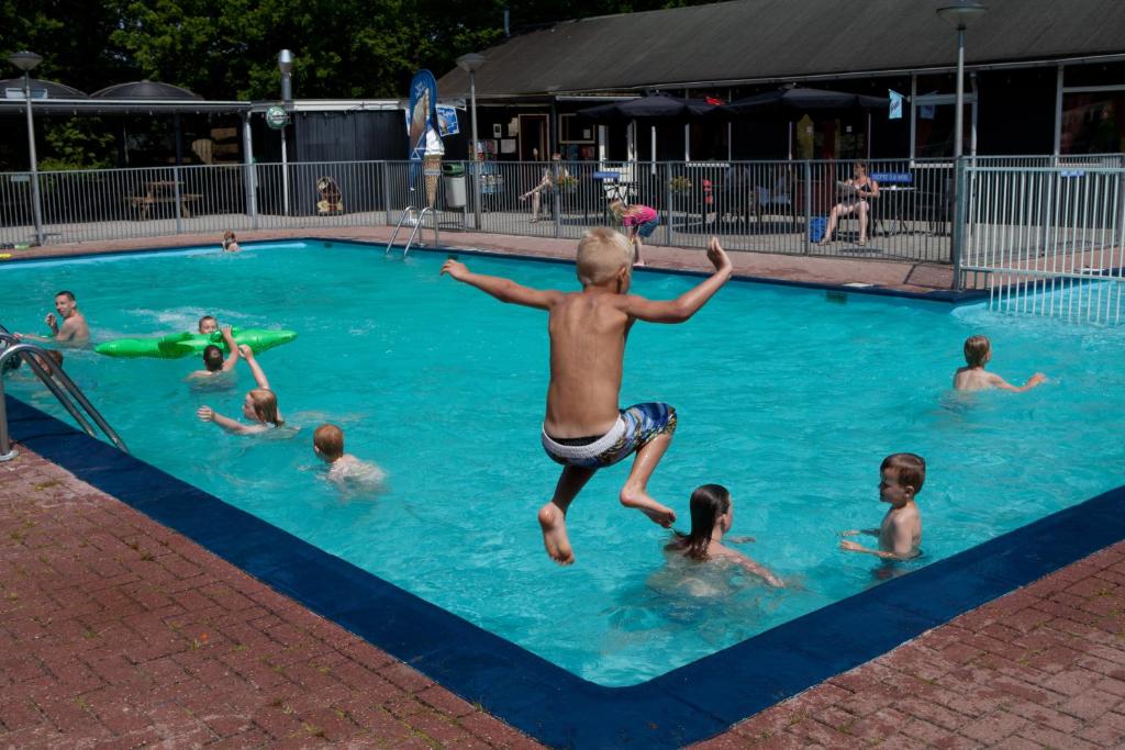 młody chłopiec skaczący do basenu w obiekcie Familiecamping De Vossenburcht w mieście IJhorst