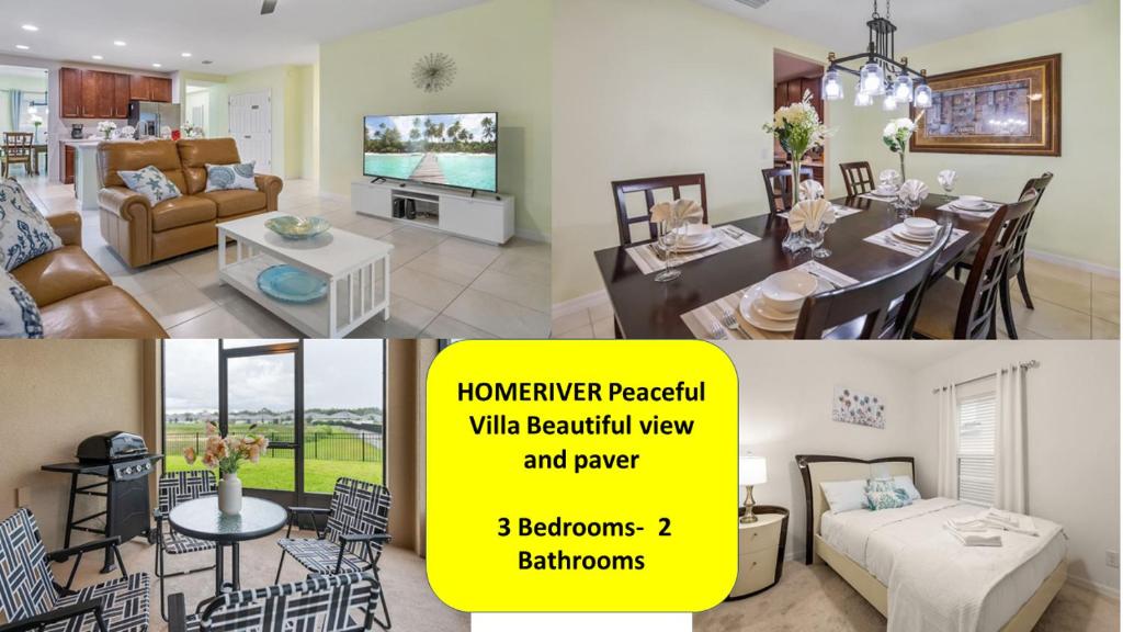 un collage de fotos de una sala de estar y un comedor en Peaceful 3 bedrooms villa with Beautiful view and paver en Davenport