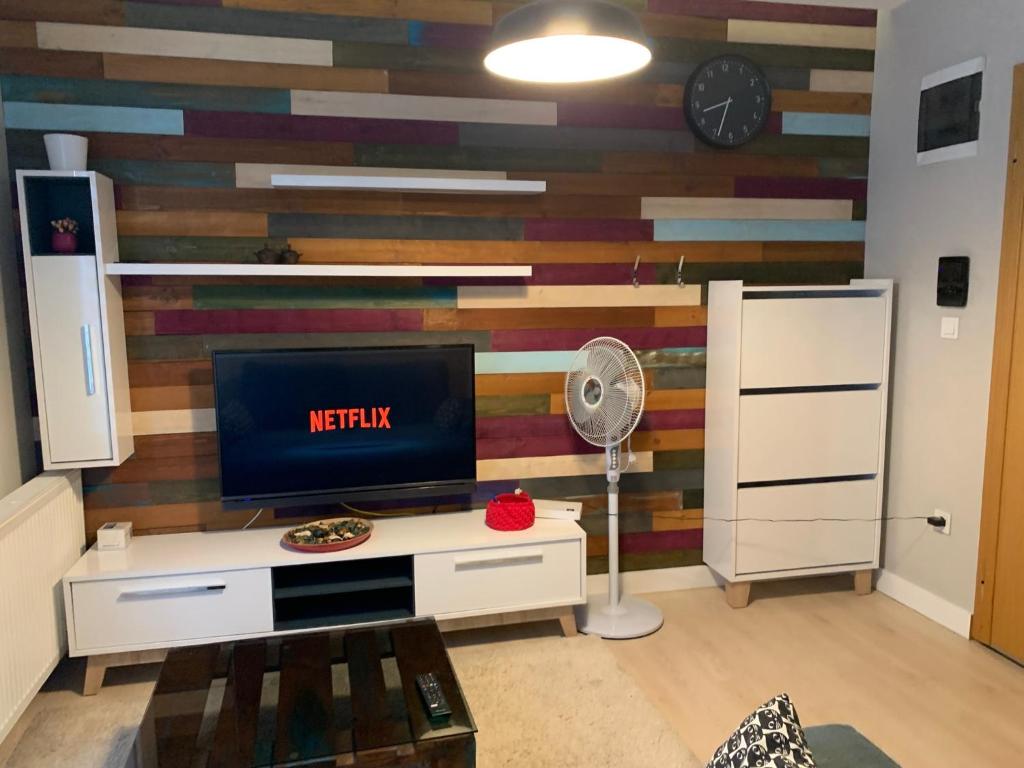 a living room with a tv and a wooden wall at Alfa Toplu ulaşıma yakın Tam donanımlı şık daire in Istanbul