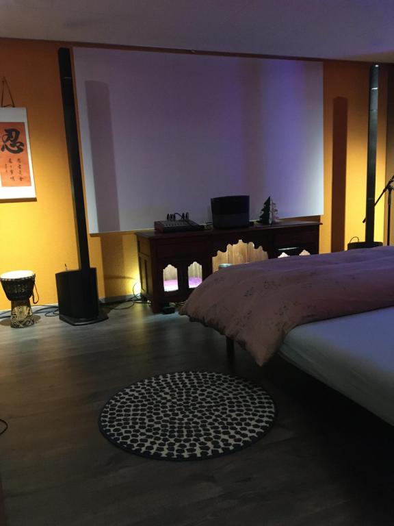 una camera con letto, tavolo e tappeto di Stellamandra a Murten