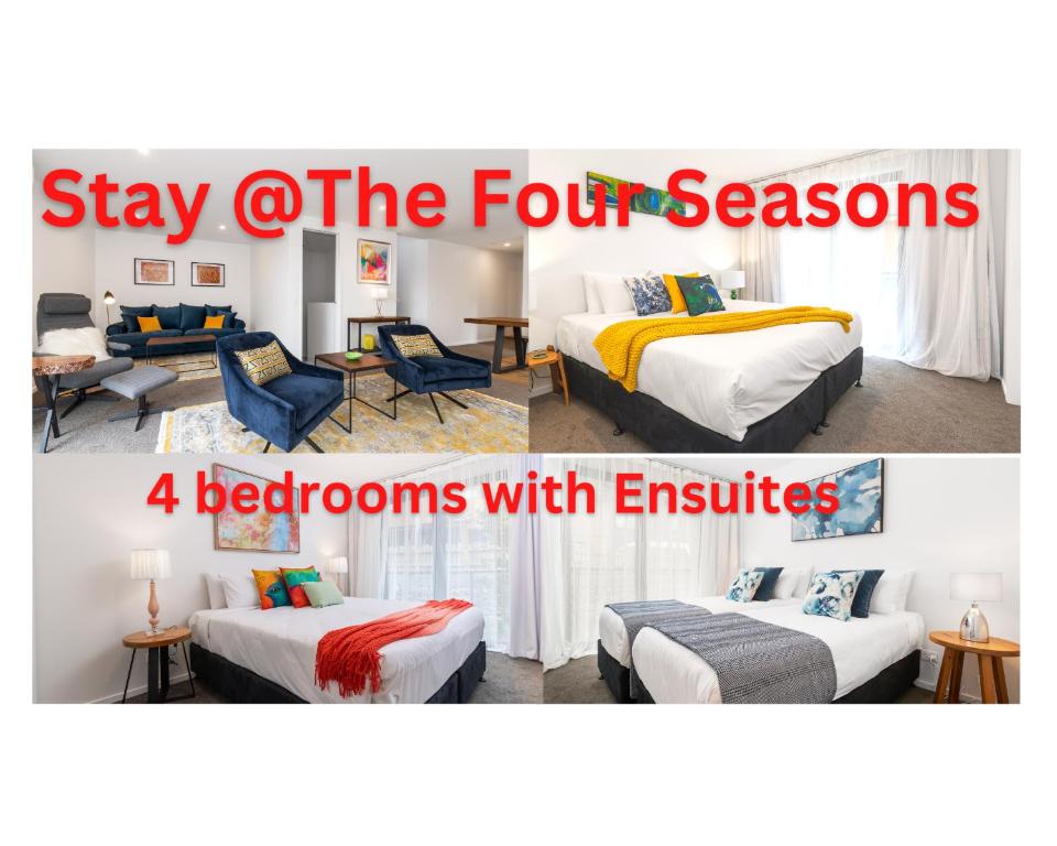 a collage of four beds with furniture in a room at MyHolidays - The Four Seasons Queenstown in Queenstown