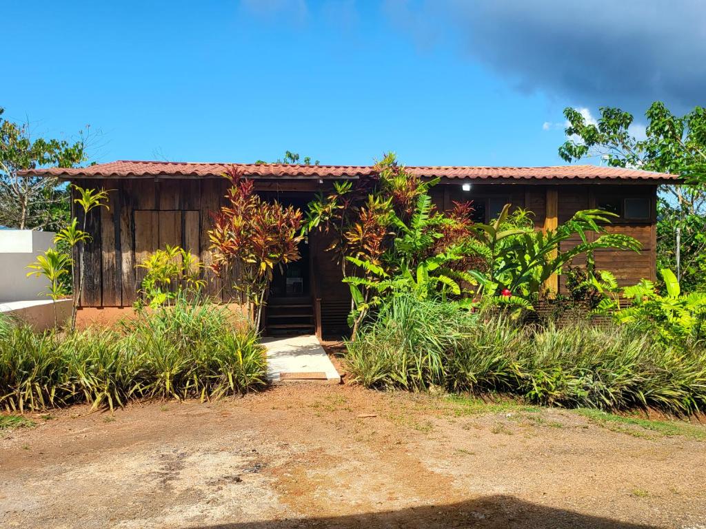une petite maison avec un chemin de terre devant elle dans l'établissement Private Mountaintop Cabin in Carara Biological Corridor 20 minutes to beaches, à Carara