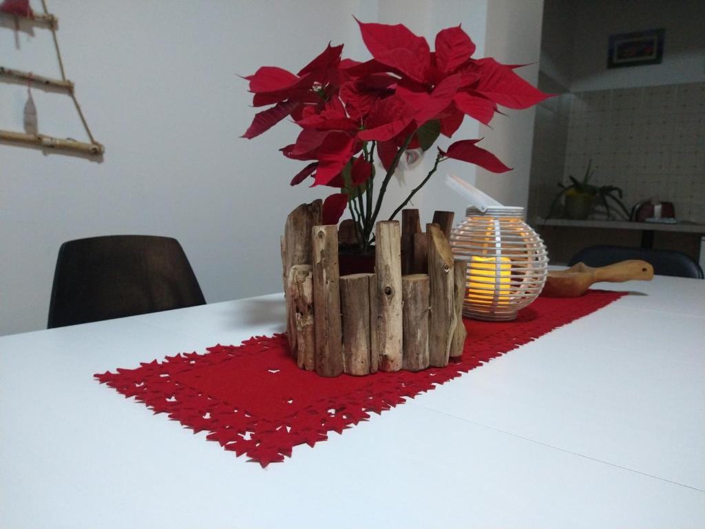 een tafel met een vaas met rode bloemen erin bij Apartment Dea in Cles