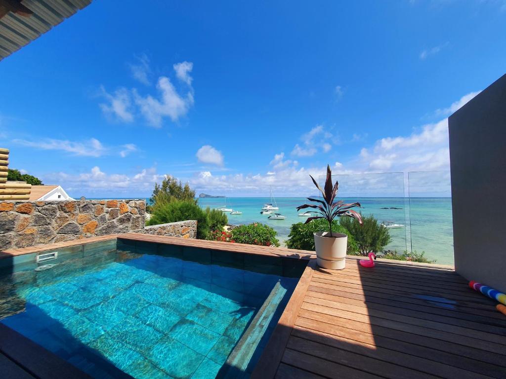 a swimming pool with a view of the ocean at Luxury beachfront villa with private pool - Jolly's Rock in Calodyne