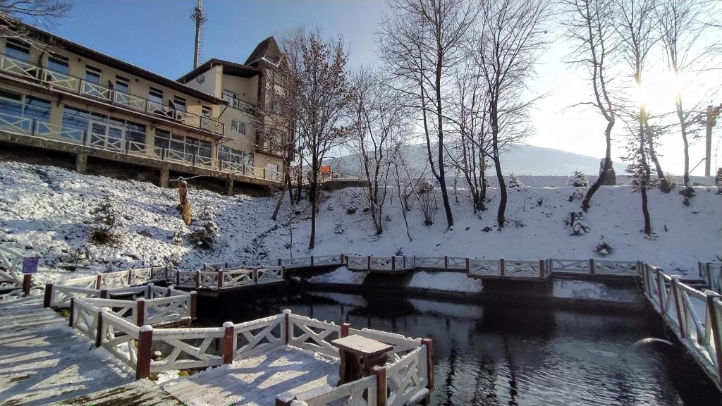 ein Resort im Schnee mit einem Fluss in der Unterkunft Kateryna in Poljana