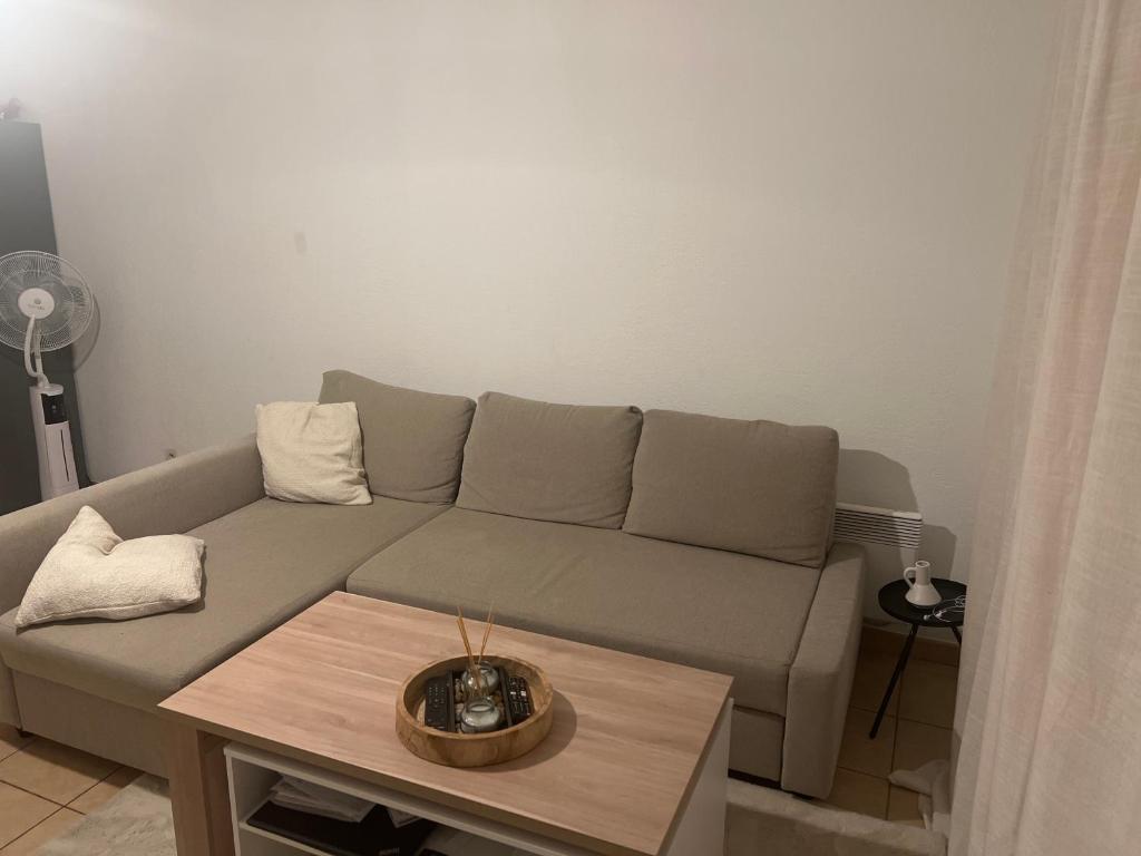 ein Wohnzimmer mit einem Sofa und einem Couchtisch in der Unterkunft Bel air in Vitrolles