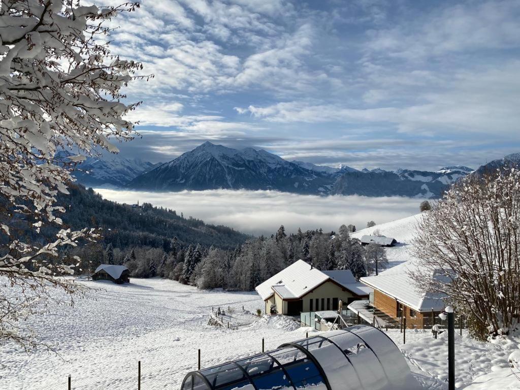 une maison dans la neige avec vue sur la montagne dans l'établissement Schwendi-Blueme, à Heiligenschwendi