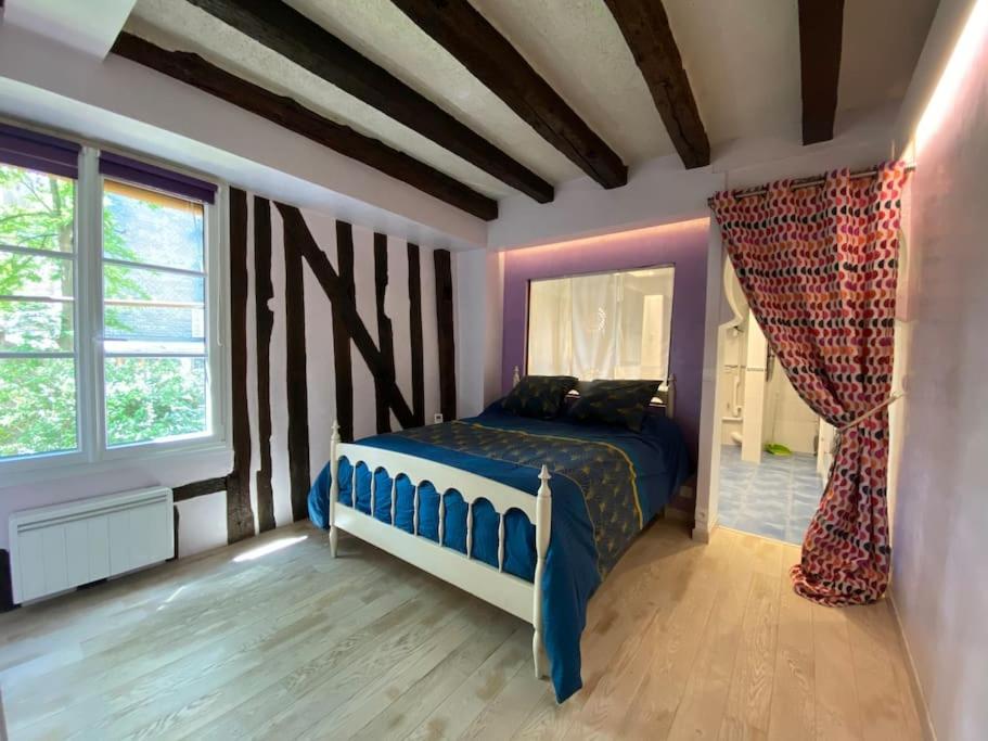 um quarto com uma cama e uma grande janela em Charmant appartement - centre Cité Plantagenet!!! em Le Mans