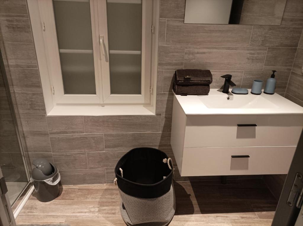 uma casa de banho com um lavatório e um armário em Appartement calme em Saint-Maixent-lʼÉcole