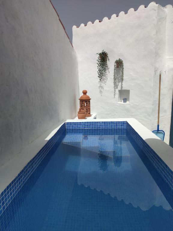 ein Pool mit blauen Fliesen in einem weißen Gebäude in der Unterkunft Pias Baixinho in Pias