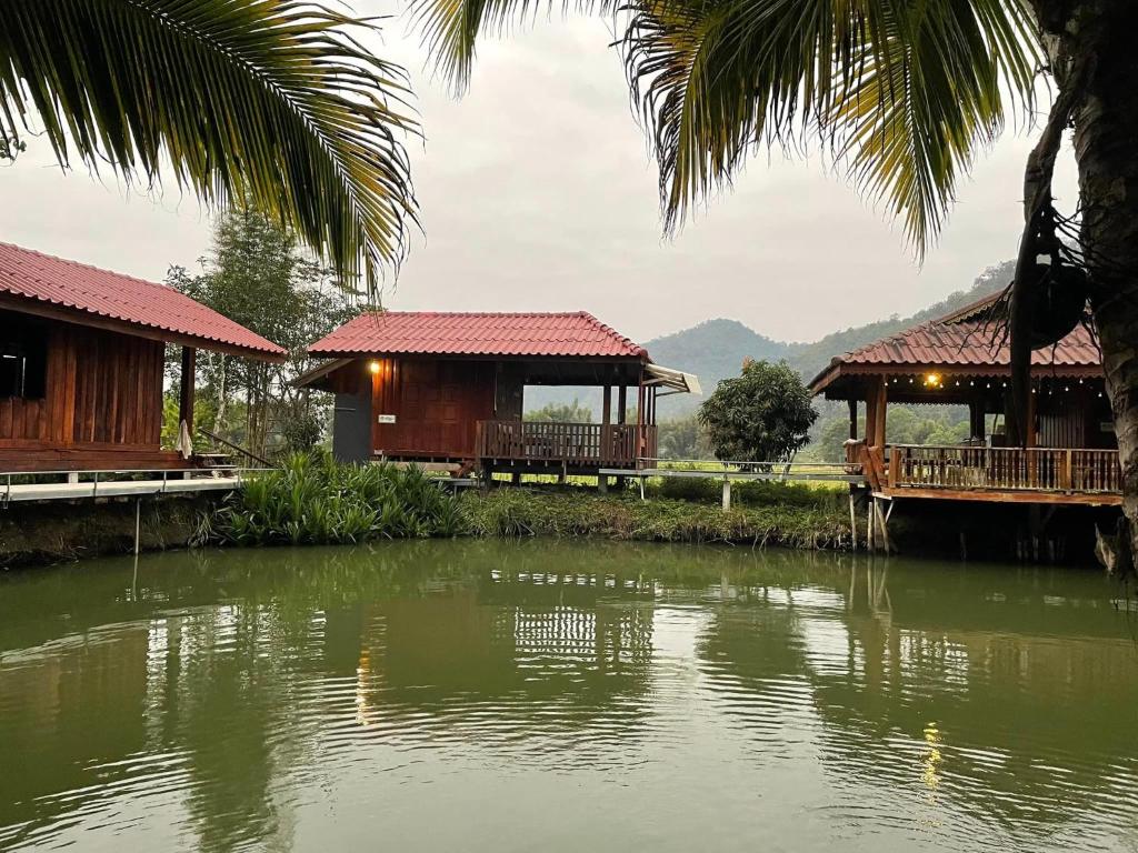 a couple of buildings with a pond in front of it at บ้านสวนวิวทุ่ง in Ban Mae Sap Nua