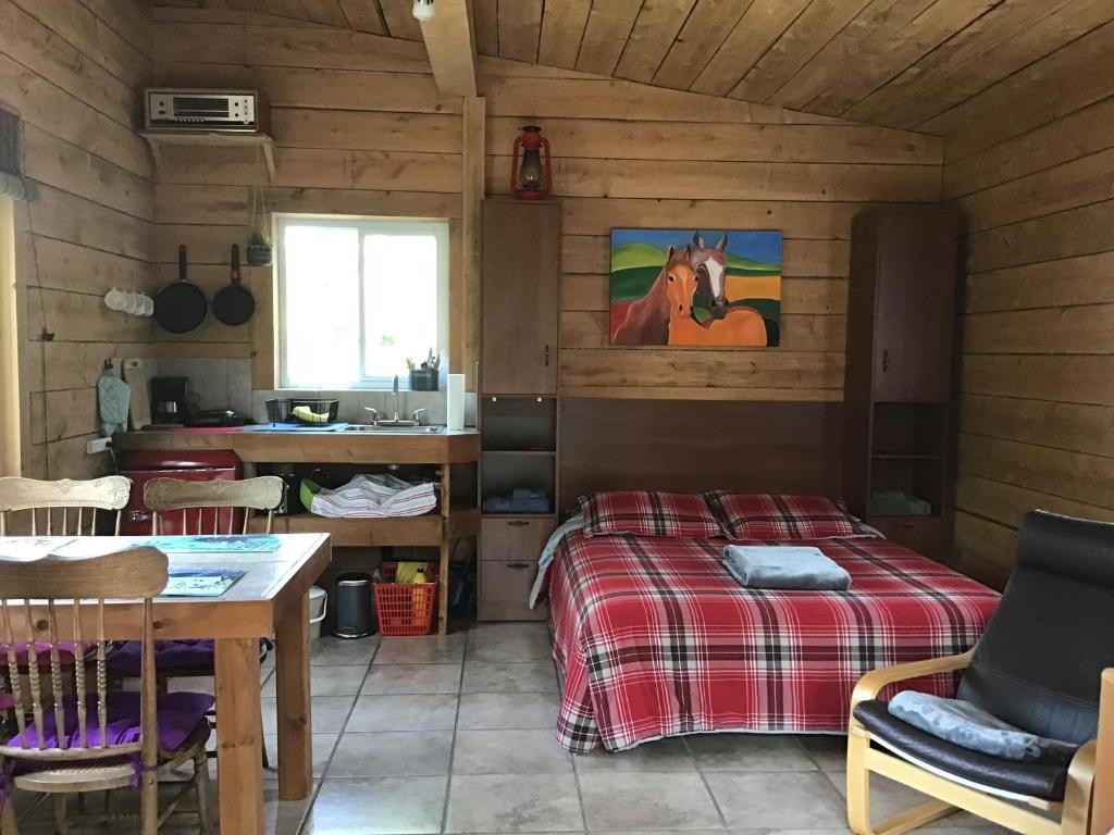 a bedroom with a bed and a table and a kitchen at Loft Nature Laurentides in Val-des-Lacs