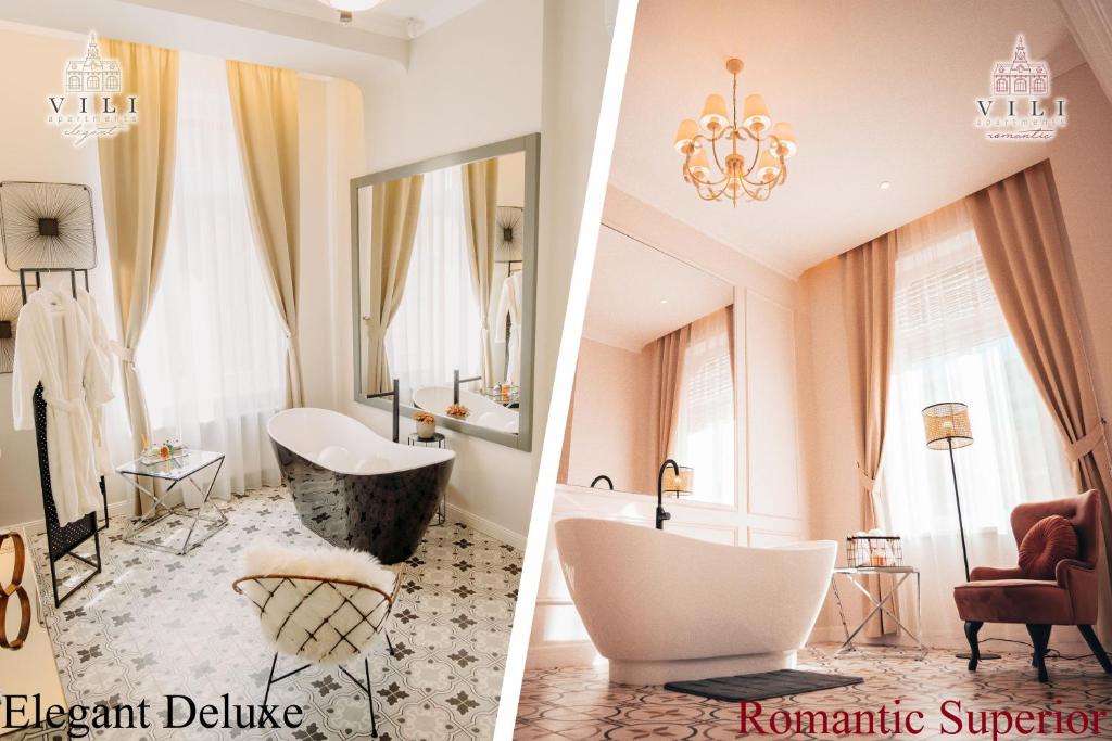 2 fotos de un baño con bañera y silla en Vili Apartments, en Oradea